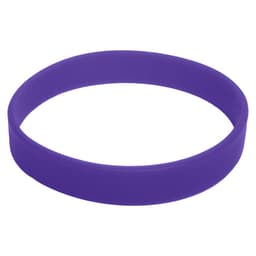 A purple silicone wristband featuring a simple design and a smooth finish. It includes a logo.