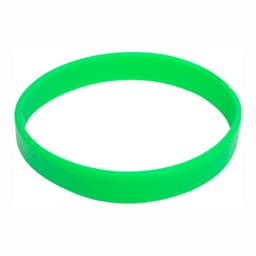 A green silicone wristband with a smooth surface and a simple design, featuring a logo.