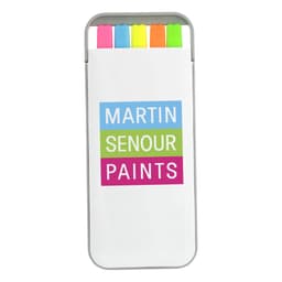 A highlighter set in a case featuring five vibrant colours: pink, green, yellow, orange, and blue. The case has a logo.