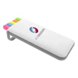 A highlighter set with five bright colours: pink, yellow, green, orange, and blue. Features a white case with a logo.