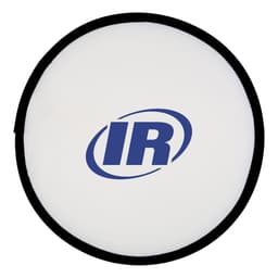 A fold-up flying disc in white with a black border, featuring a logo in blue.