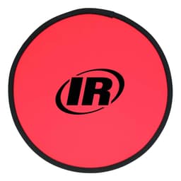 A red fold-up flying disc with a black border and a logo in the centre.