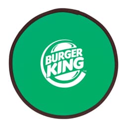A green fold-up flying disc with a brown edge and a logo in the centre.