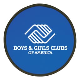 A blue fold-up flying disc with a black edge and a logo in the centre.