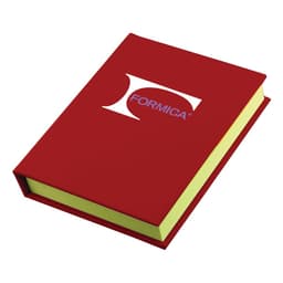 A red adhesive note book with a green inner section and a logo on the cover.