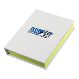 A sticky note book with a white exterior and bright yellow sticky notes inside, featuring a logo on the cover.