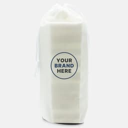 A stacking puzzle set in a white pouch, featuring a circular logo on the front.