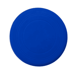 A blue silicone frisbee with a smooth surface and a circular design, featuring an emblem.