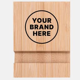 A bamboo phone holder with a circular area for branding, featuring a natural wooden finish.