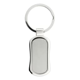A silver keychain with a smooth, elongated rectangular design and a metal ring.
