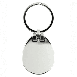 A sleek silver keychain with a smooth, rounded design and a polished finish. It features a metal ring for keys.