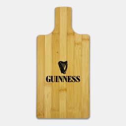 A bamboo paddle board in a natural finish featuring a black logo design.