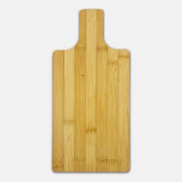A bamboo paddle board in a natural wood finish with a handle, featuring a logo. Ideal for chopping and serving.