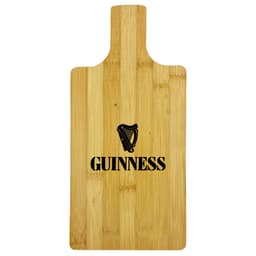 A bamboo chopping board with a handle and a logo design featuring a harp element in black.