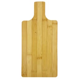 A bamboo paddle board with a smooth, natural finish and a handle, ideal for kitchen use. It has a logo.