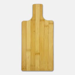 A bamboo chopping board in a natural finish with a handle at the top and a flat surface.