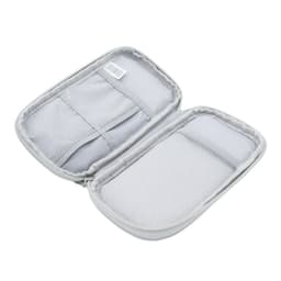A grey carrying case with mesh pockets and a zip closure, suitable for travel accessories.
