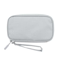 A grey carrying case with a zip closure and a wrist strap, featuring a logo.