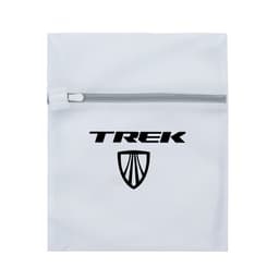 A white laundry bag with a zip, featuring a logo on the front.