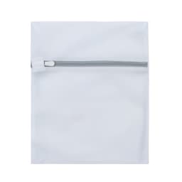 A white laundry bag with a grey zipper, featuring a branding logo on the front.