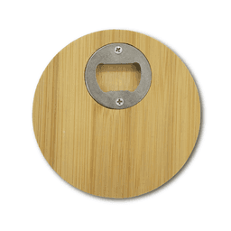 A round bamboo coaster featuring a metal bottle opener in the centre. The natural bamboo colour is prominent.