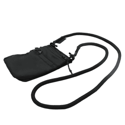 A black ripstop water-resistant pouch with a detachable strap for carrying, featuring zippers and a logo.