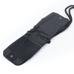 A black ripstop water-resistant pouch with zippers and a strap, featuring a logo.