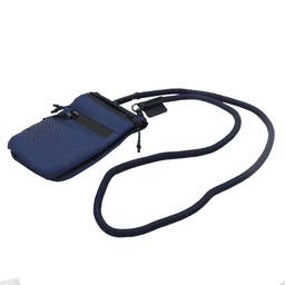 A navy blue ripstop water-resistant pouch with a adjustable strap and zip closure, featuring a logo.