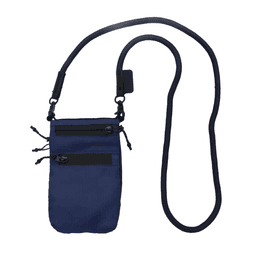A navy blue ripstop water-resistant pouch with a long strap and multiple zippered pockets. It features a logo.