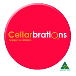 A bright red button badge, 100mm in diameter, featuring a logo and an Australian made emblem.