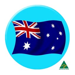 A 25mm button badge featuring an Australian flag design on a bright blue background, with a logo present.