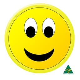 A yellow 44mm button badge featuring a smiling face with large eyes and a friendly expression. It has a logo in the corner.