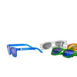 A collection of summer polarised sunglasses in blue, clear, green, and orange with a logo on one pair.