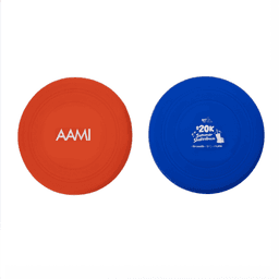 A red and blue silicone frisbee featuring a logo on one side, designed for fun and games.