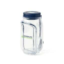 A clear salad jar with a blue lid and a fork attached, featuring a logo on the front.