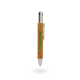 A cork pen featuring four ink colours—blue, green, red, and black—with a metal clip and a logo.
