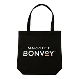 A black tote bag with two handles and a logo featured prominently on the front.