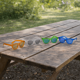 A set of four pairs of summer polarised sunglasses in orange, clear, green, and blue, displayed on a wooden picnic table.