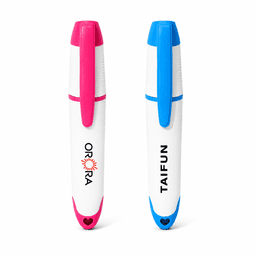 A set of two highlighters with pink and blue tips, featuring a white body and branding.