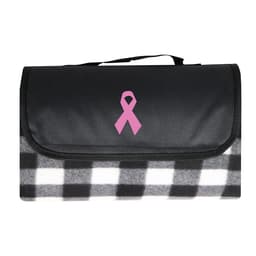 A black and white checkered picnic blanket with a pink ribbon design and a carry handle.