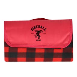 A red picnic blanket featuring a black and red checkered pattern and a logo on the top.