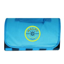 A blue picnic blanket with a folded design and a circular logo in the centre.