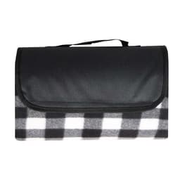 A folded picnic blanket featuring a black and white checkered pattern with a black carrying handle.