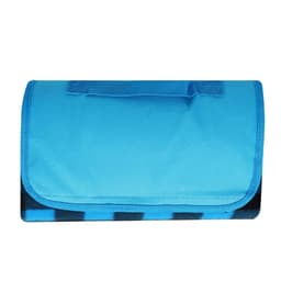 A blue picnic blanket with a foldable design and a handle for easy transport. It features a black and blue patterned underside.