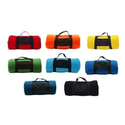 A collection of rolled blankets in red, orange, yellow, green, blue, and black, each with a carrying strap.