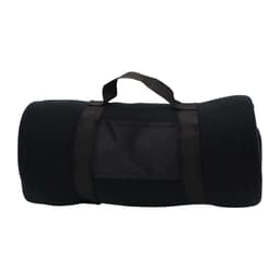 A rolled-up black blanket secured with a strap, featuring a clear pocket, showcasing a simple and practical design.