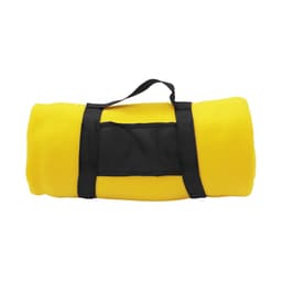 A rolled-up Jupiter Blanket in bright yellow, secured with a black strap, featuring a black logo or branding area.