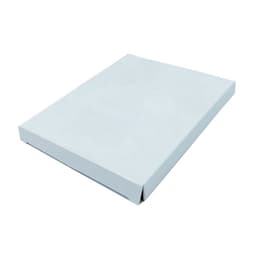 A flat, white promotional box with a simple design, suitable for packaging.