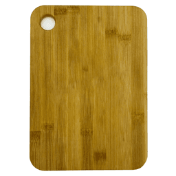 A large bamboo cutting board with a rounded corner and a hole for hanging. The board features a natural wood grain pattern.