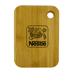 A small bamboo cutting board featuring a round handle and a logo on the surface.